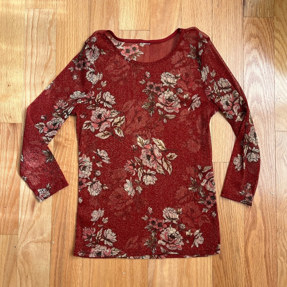 Red Floral Mesh 3/4 sleeve Top
